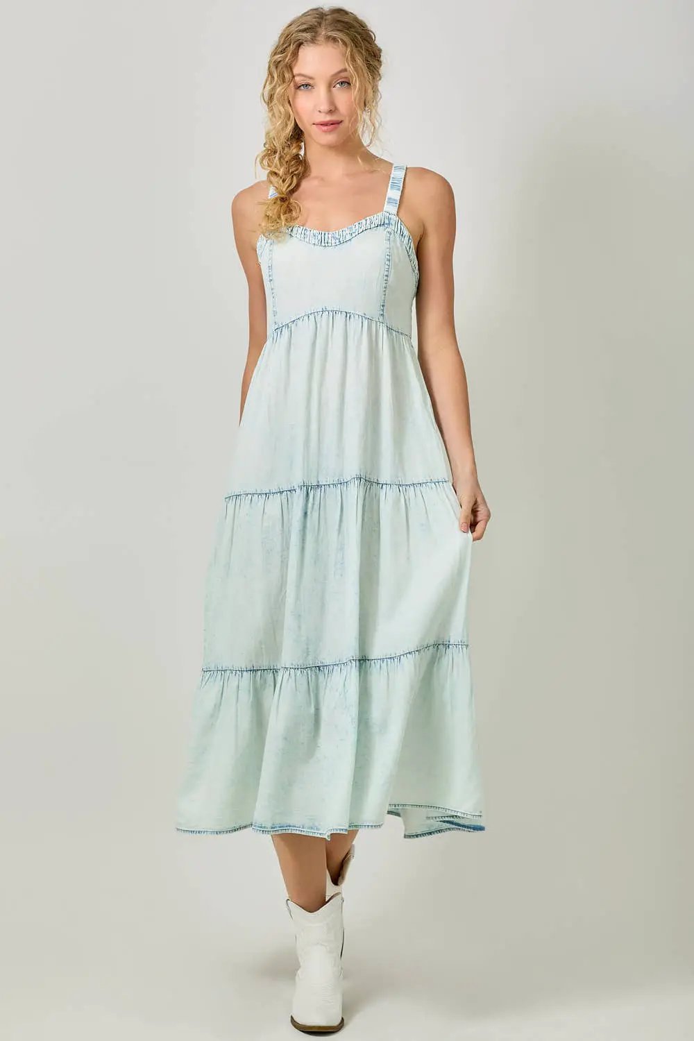 Mystree Mystree Washed Tencel Tiered Dress: Ice Blue - Dresses