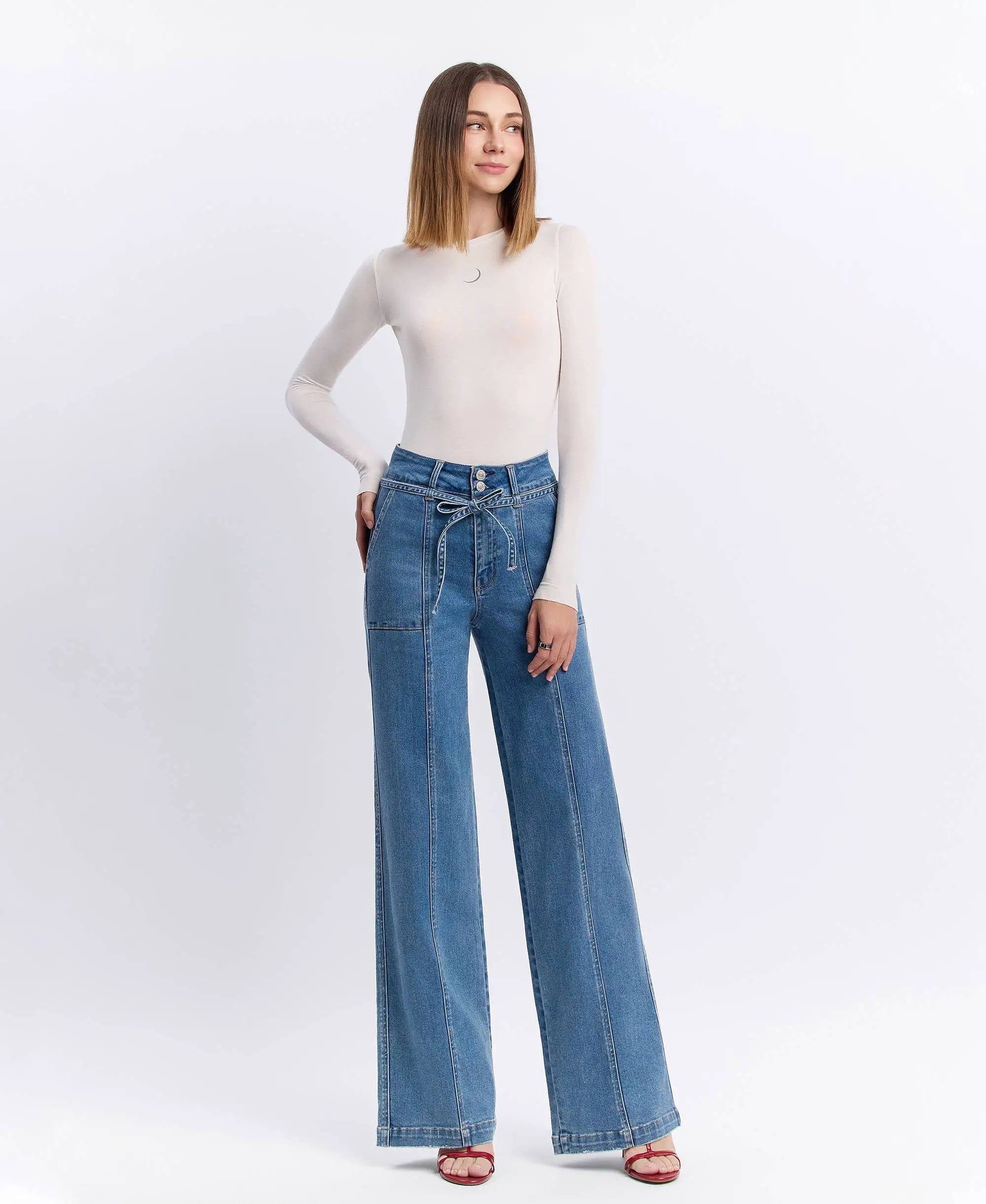 VERVET by FLYING MONKEY VERVET ‘Olivia’ Super High Rise Tie Waistband Wide Leg Jeans - Jeans