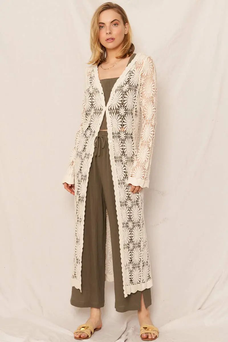 En Crème En Crème Natural Flower Pattern Crochet Maxi Kimono Cardigan - Cardigans