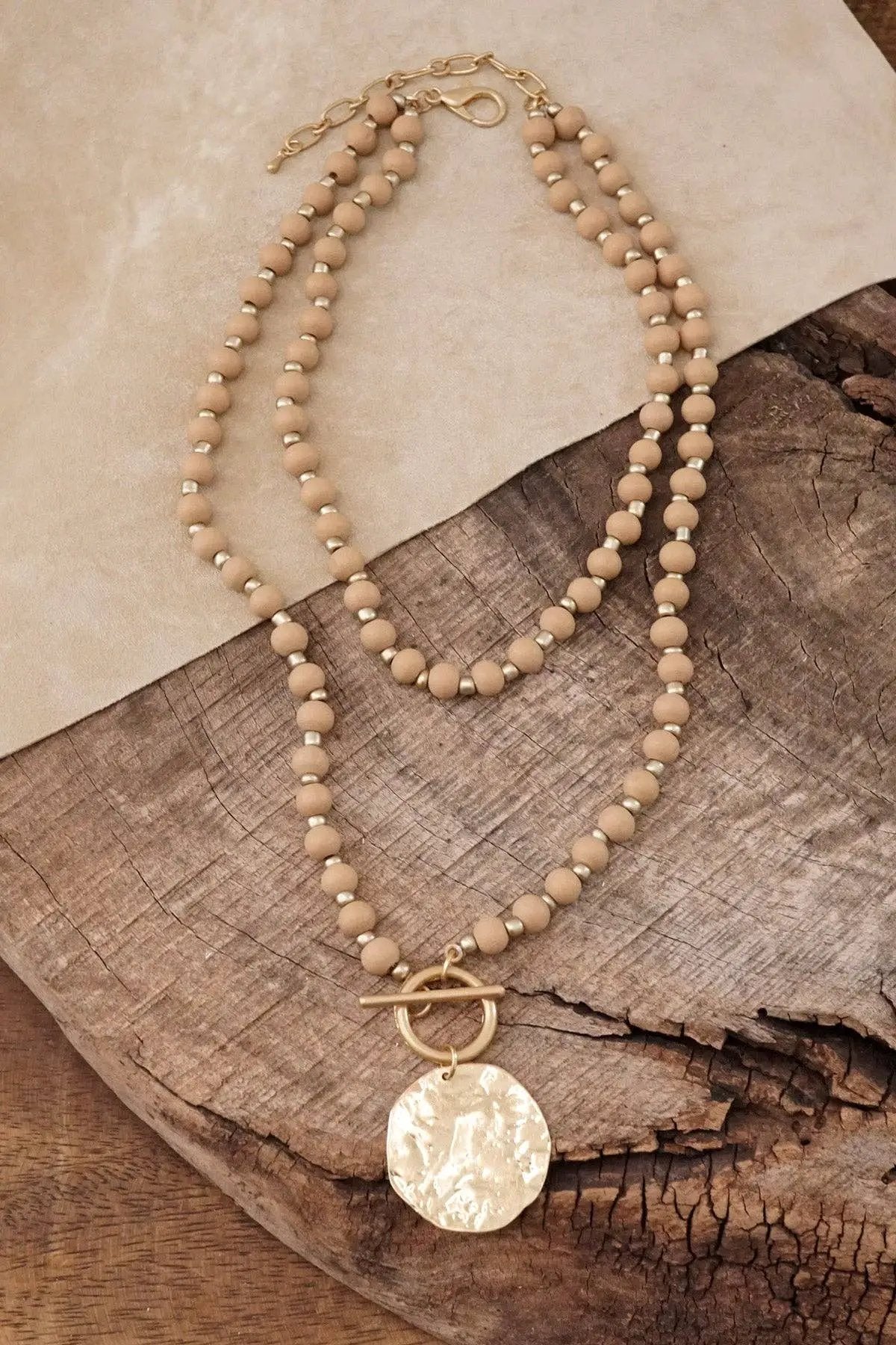 PennyLine inc PennyLine inc - Multi Strand Wooden Beads Short Coin Necklace in Neutral and - Necklaces multi strand wooden beads short coin necklace