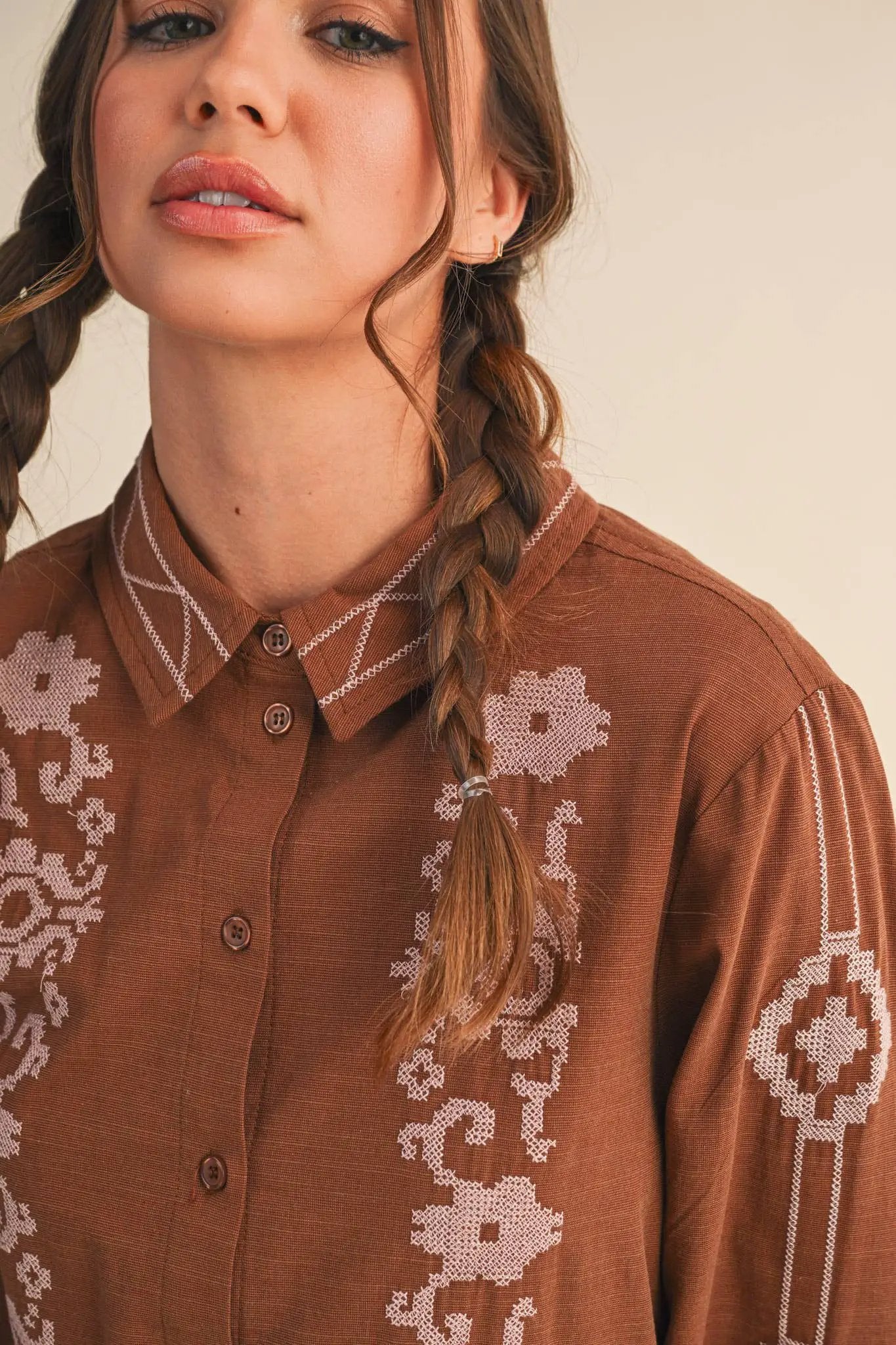 &MERCI &merci - Embroidered Button-Up Top in Mocha Brown - Blouses