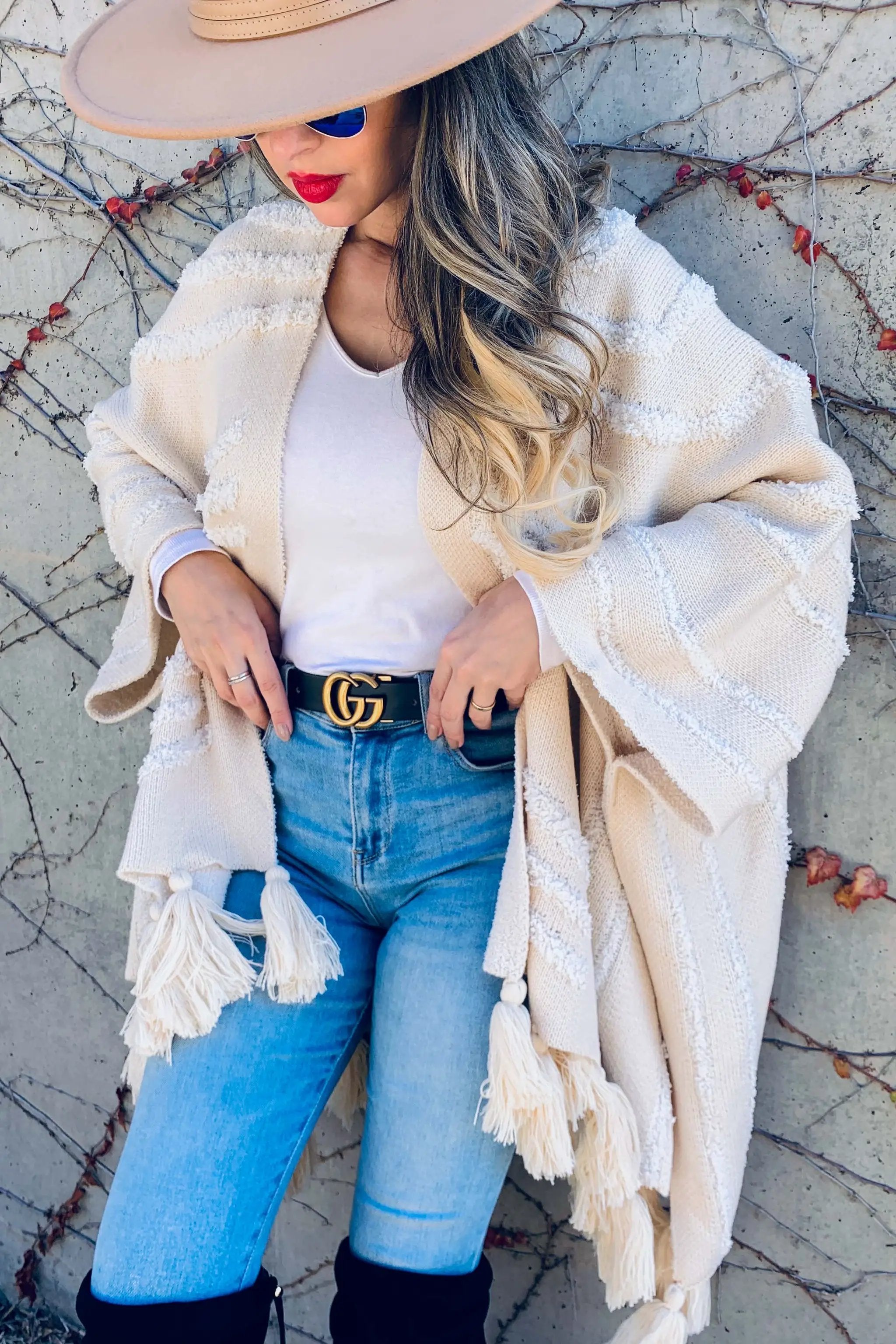 AMOLI AMOLI - Cream Western Textured Pattern with Chunky Tassel Cardigan - Cardigans