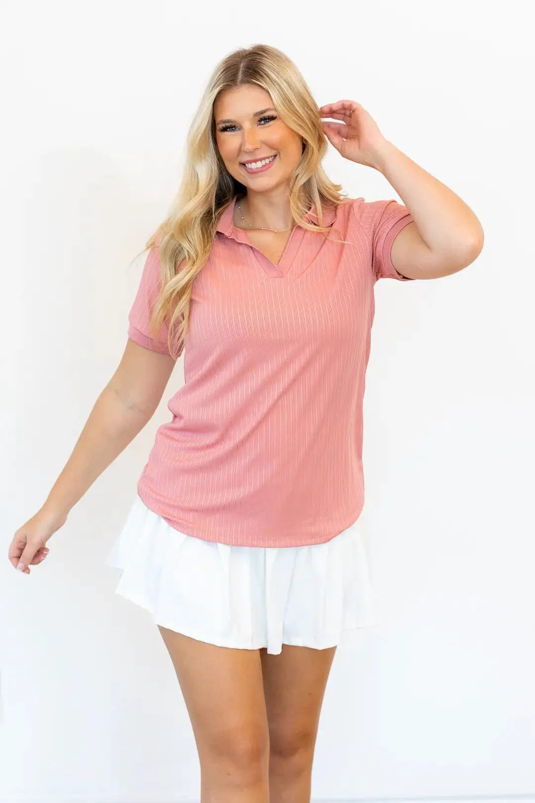 Grace & Emma Blush Pink Rib Knit Polo Top - Polos