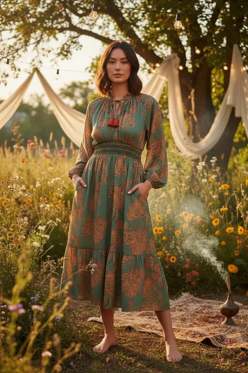 &MERCI &merci - Emerald Reverie Paisley Smocked Midi Dress - Dresses
