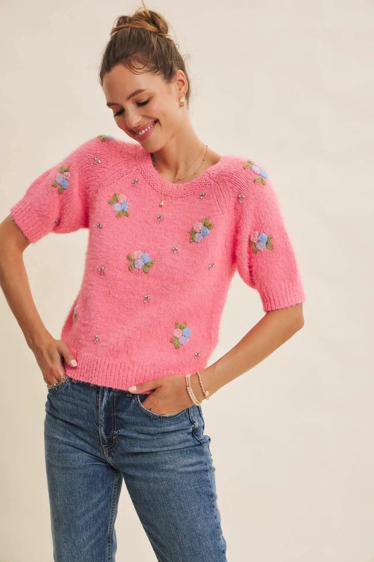 in february The Bloom Embroidered Fuzzy Sweater in Candy Pink - Sweaters