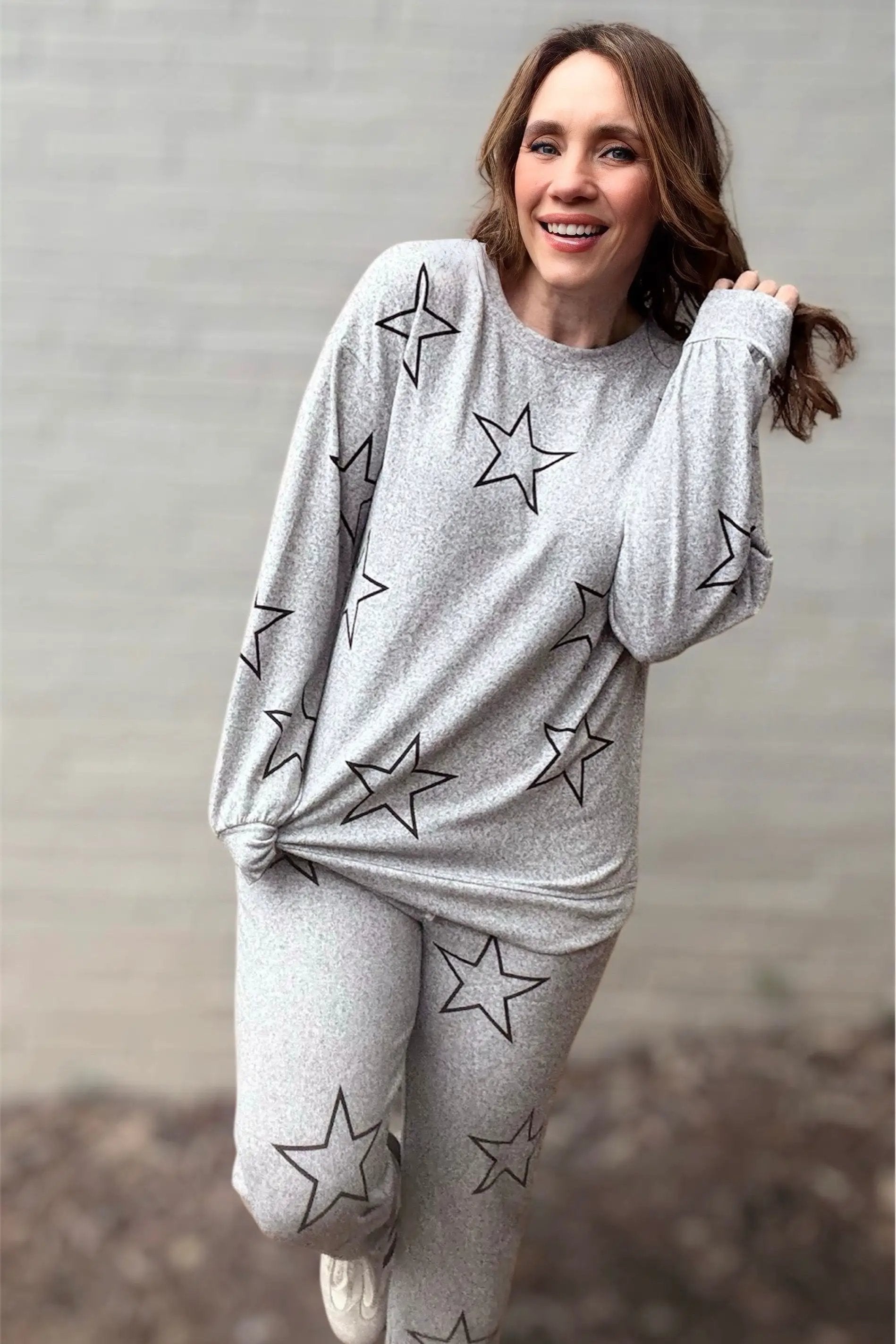 Grateful Threads Boutique Gray Stars Print Long Sleeve Drawstring High Waist Lounge Set - Loungewear