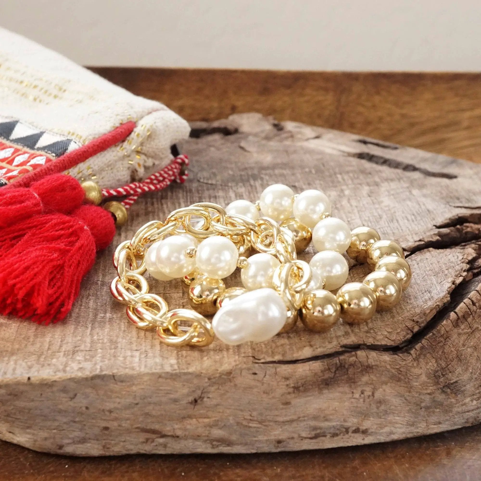PennyLine inc The Chunky Chain & Pearl Stack Bracelet Set - Jewelry chunky chain and beads bracelet