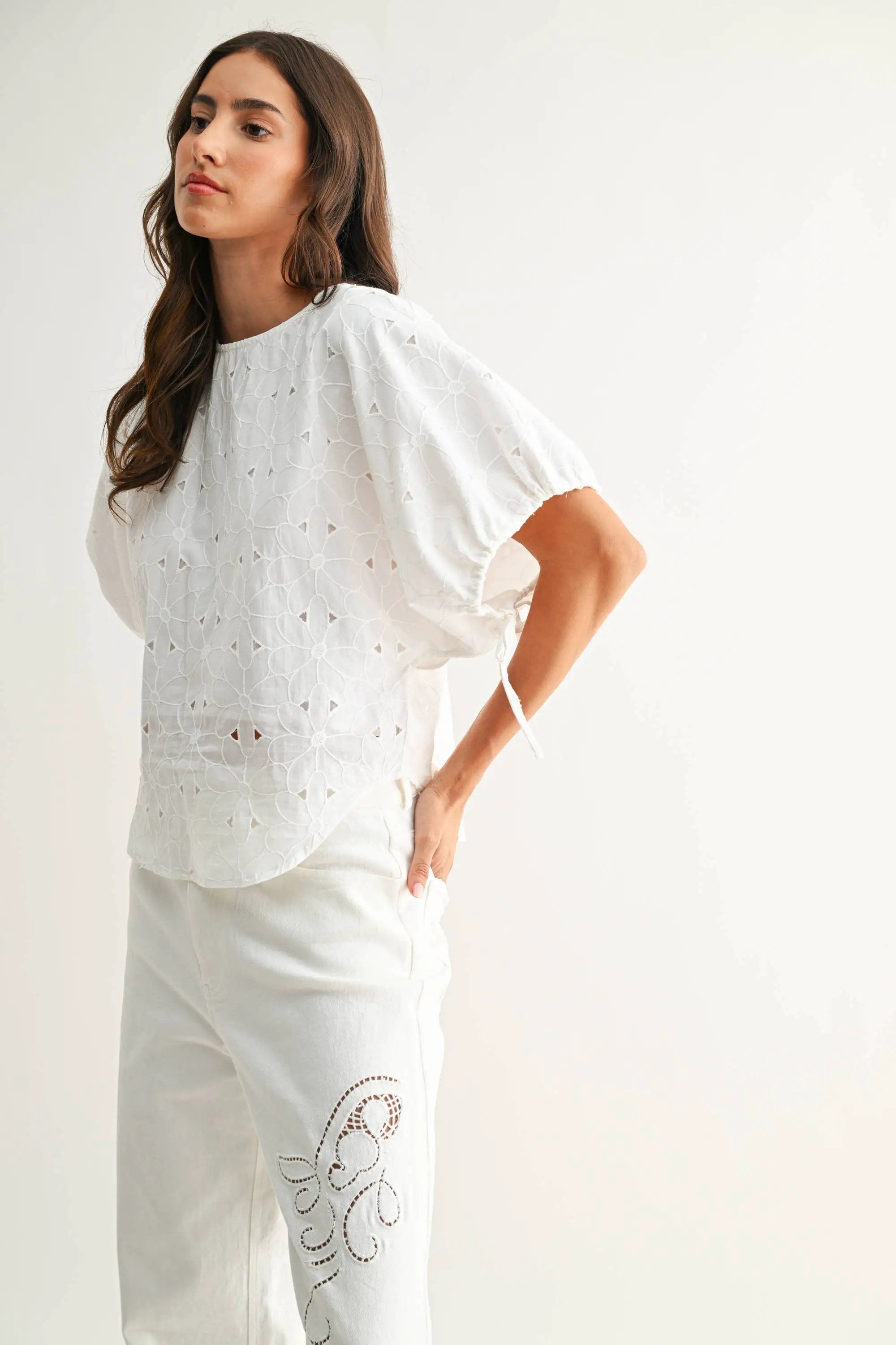 Camellia The Heirloom Stitch Floral Eyelet Cotton Top – Off White - Blouses