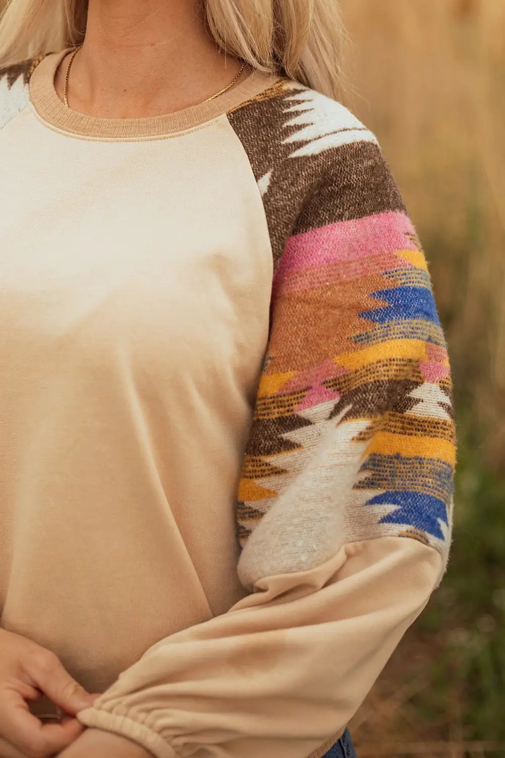 Grateful Threads Boutique Light French Beige Aztec Patchwork Raglan Pullover Sweatshirt - Sweatshirts Light French Beige Aztec Patchwork Raglan Pullover Sweatshirt