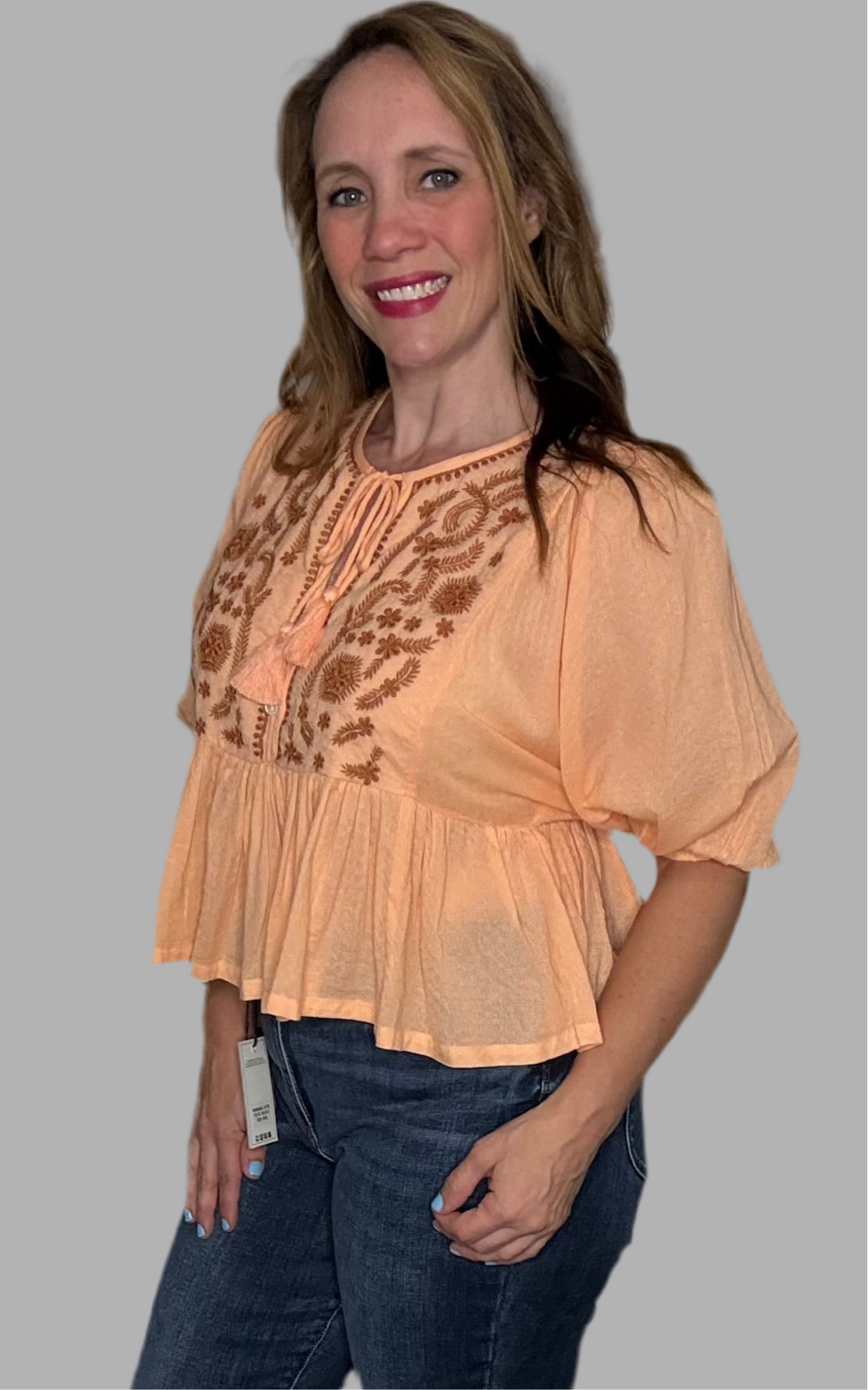 En Crème En Crème Coral & Rust Puff Sleeve Peplum Top with Embroidery Detail - Blouses Spring summer tops