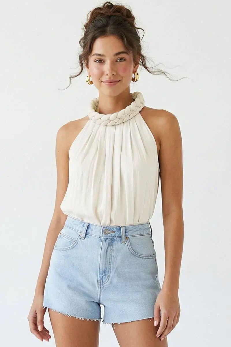 Naked Zebra The Soft Elegance Braid Neck Top: Winter White - Blouses