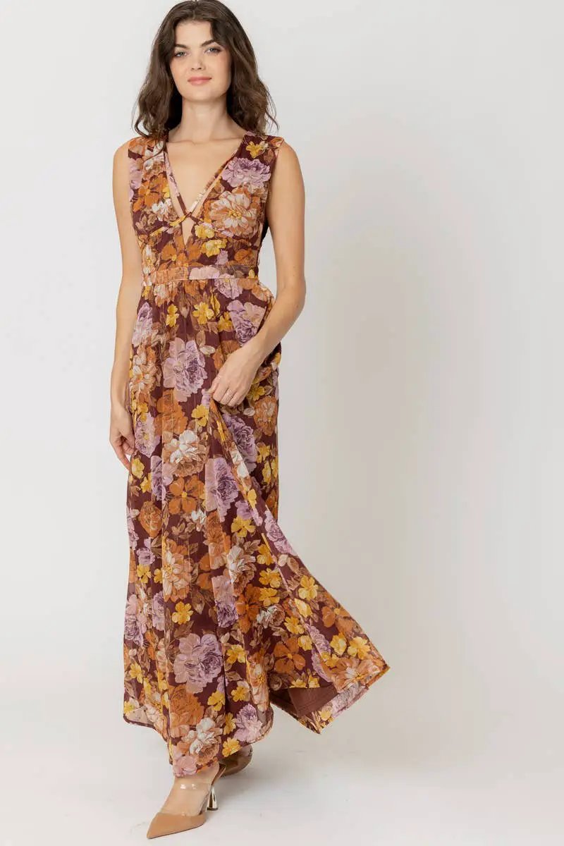 En Crème En Crème Brown Multi Floral Sleeveless V-Neck Maxi Dress - Dresses brown multi floral maxi dress