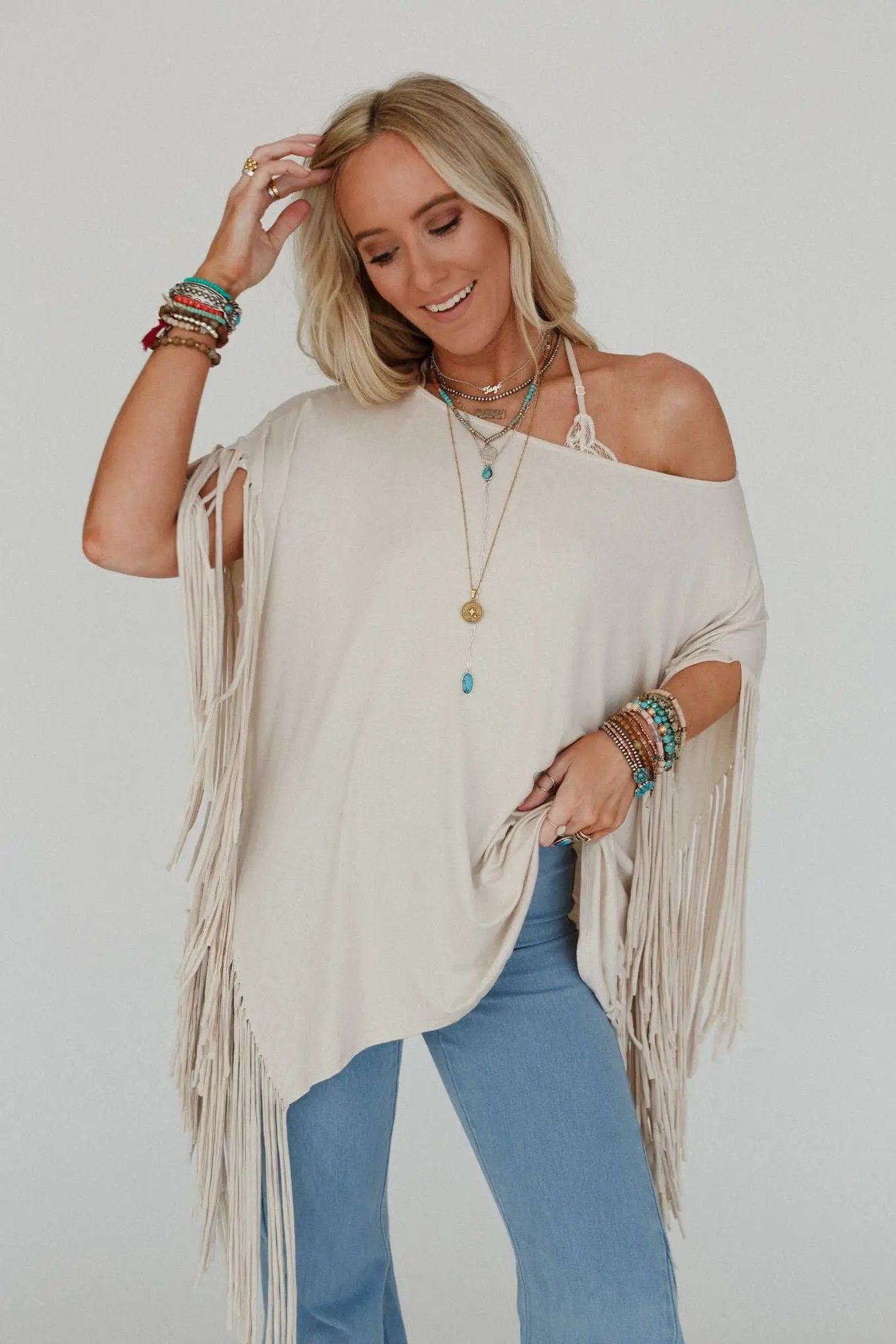 Three Bird Nest Three Bird Nest - Western Showstopper Fringe Top: Cream - Blouses tops-blouses