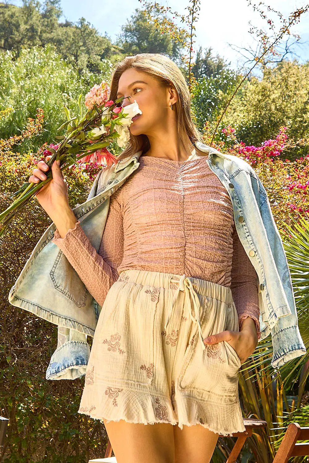 Mystree Mystree - Blushing Petals Lettuce Hem Mesh Layering Top - Blouses