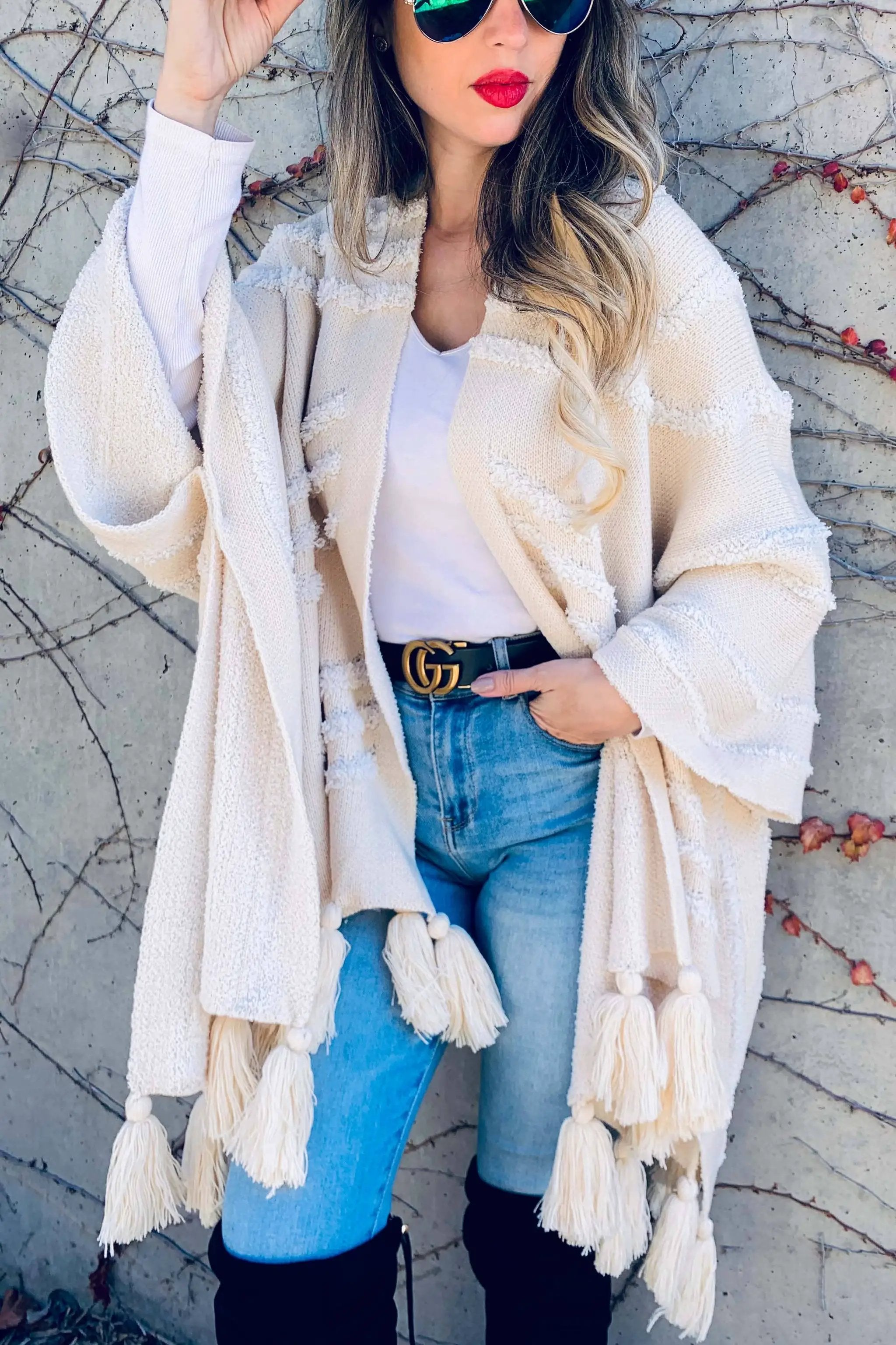 AMOLI AMOLI - Cream Western Textured Pattern with Chunky Tassel Cardigan - Cardigans