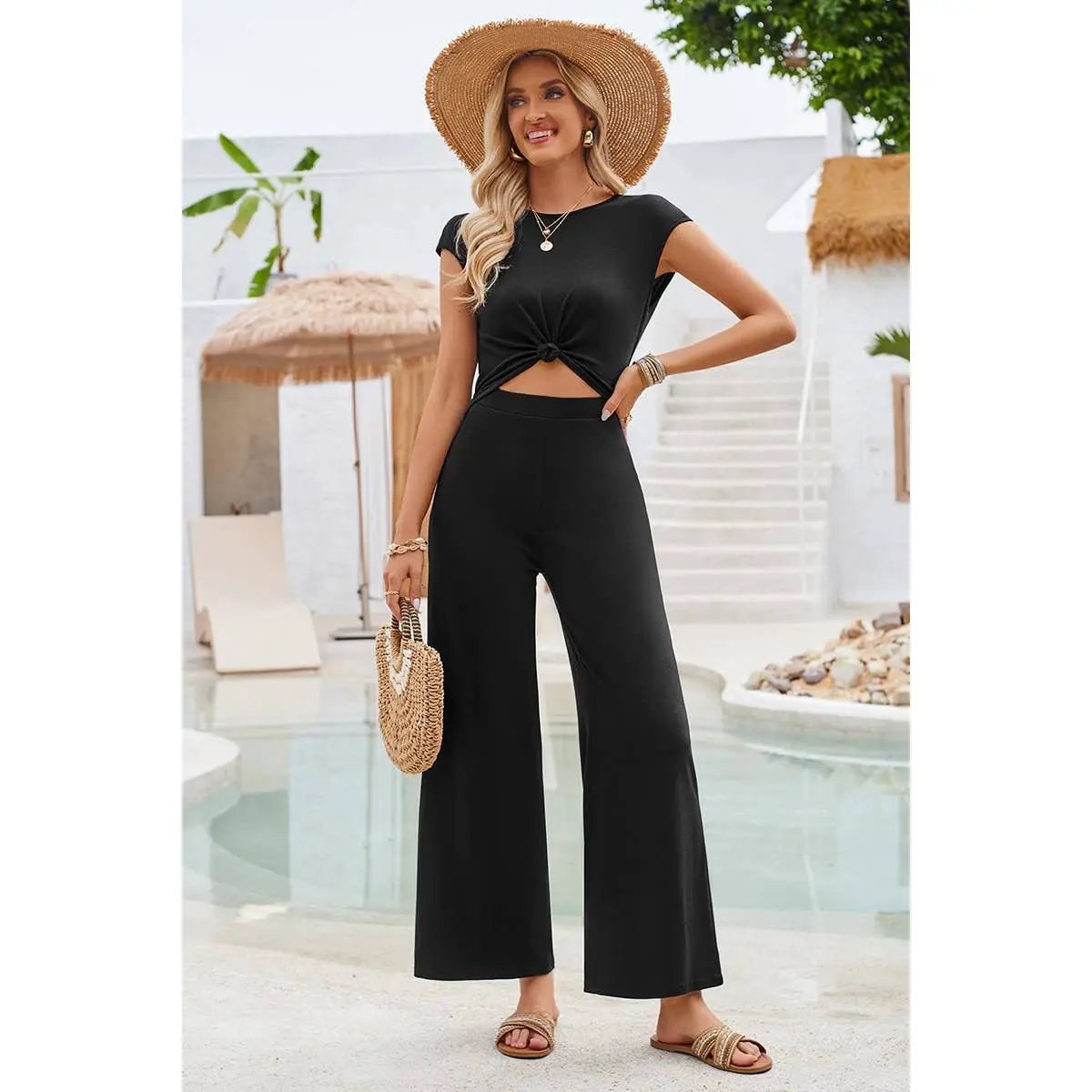 Supreme Fashion Open Back Knot Cut Out Elastic Solid Jumpsuit - One-Pieces Open Back Knot Cut Out Elastic Solid Jumpsuit