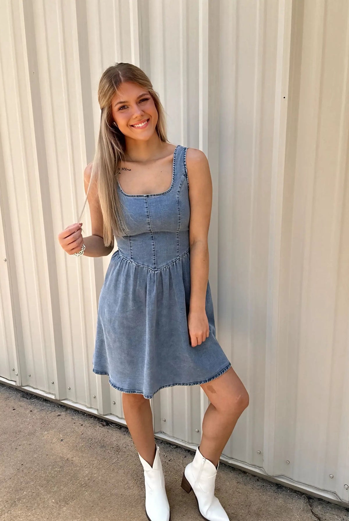 Grateful Threads Boutique Chambray Square Neck Bowknot A-line Sleeveless Denim Dress - Dresses Myosotis Square Neck Bowknot A-line Sleeveless Denim Dress