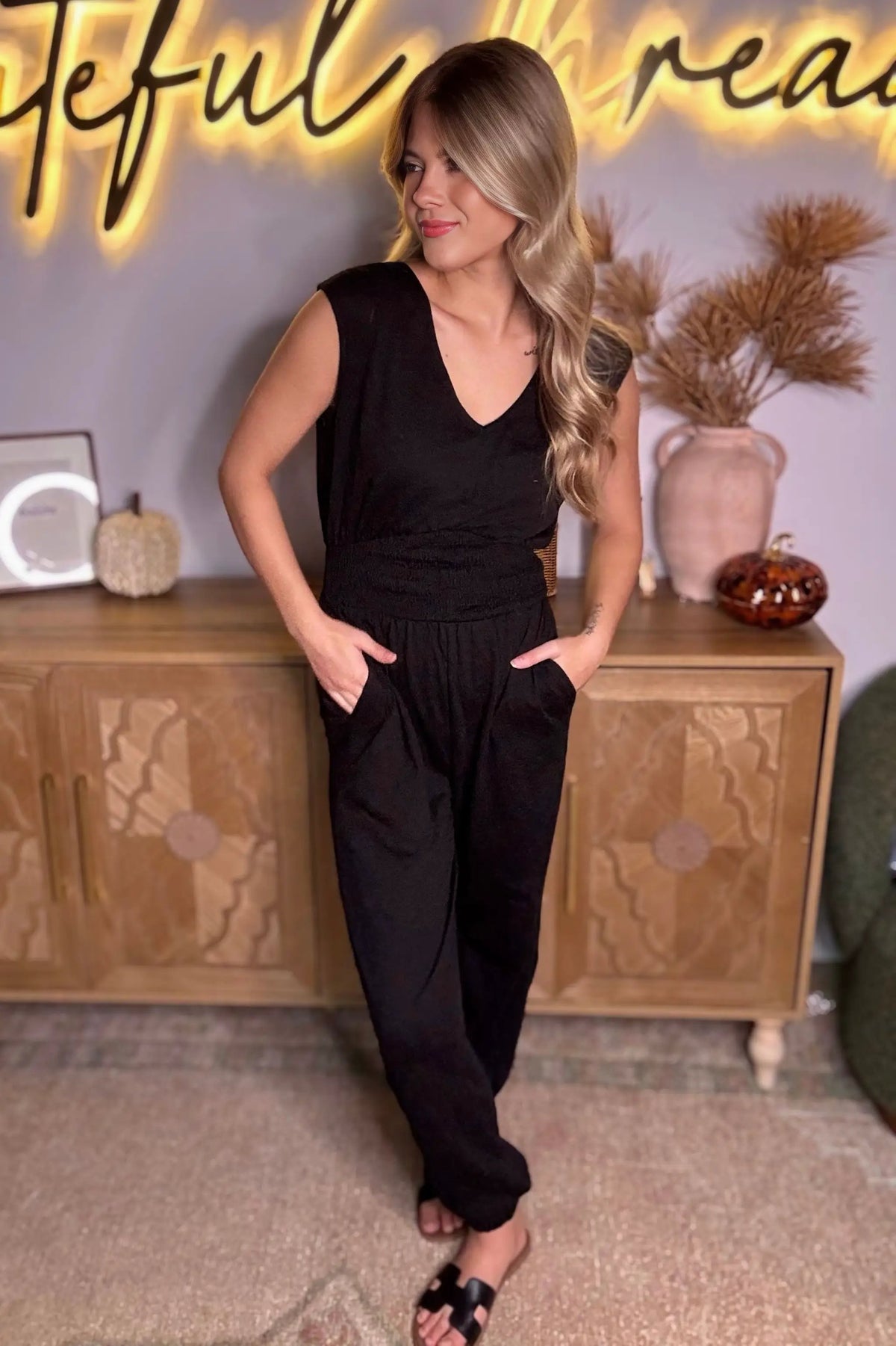 Grateful Threads Boutique Black Shirred High Waist Sleeveless V-Neck Jumpsuit - One-Pieces Black Shirred High Waist Sleeveless V Neck Jumpsuit