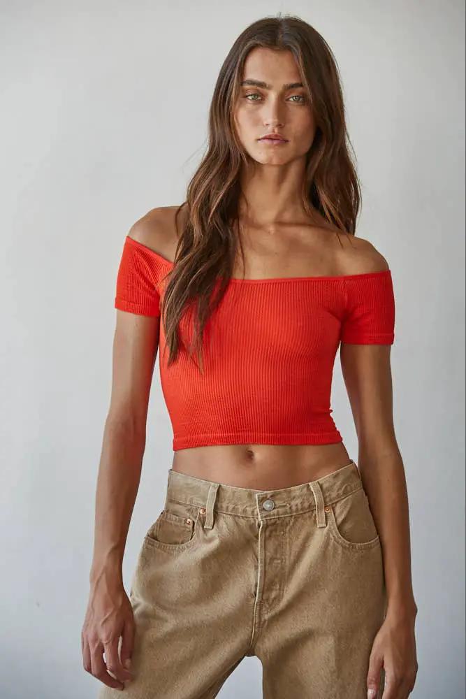 By Together Scarlet Knit Seamless Ribbed Off Shoulder Crop Top - Crop Tops