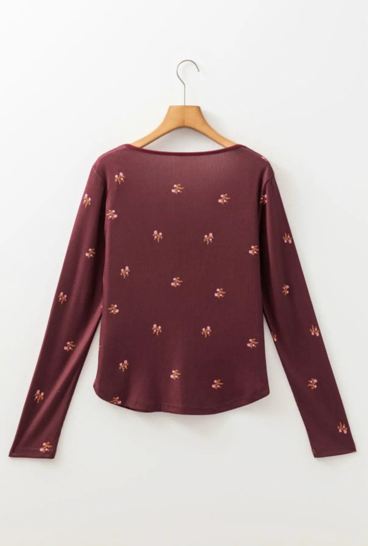 Grateful Threads Boutique Burgundy Notched Neck Floral Print Ribbed Long Sleeve Top - Sweaters Burgundy Notched Neck Floral Print Ribbed Long Sleeve Top