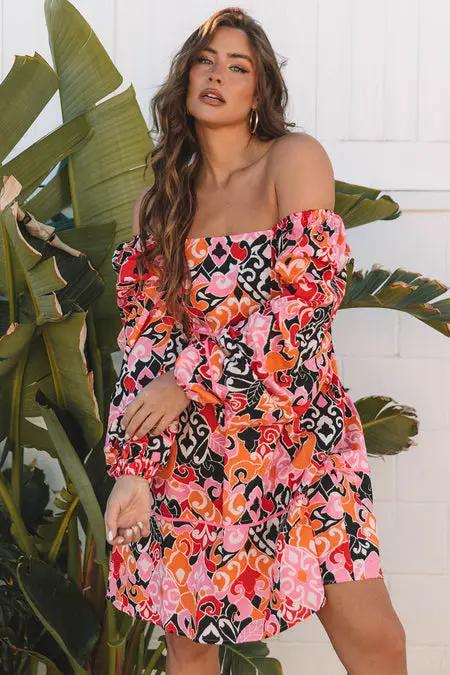 Grateful Threads Boutique Pink Bohemian Square Neck Mini Dress - Dresses