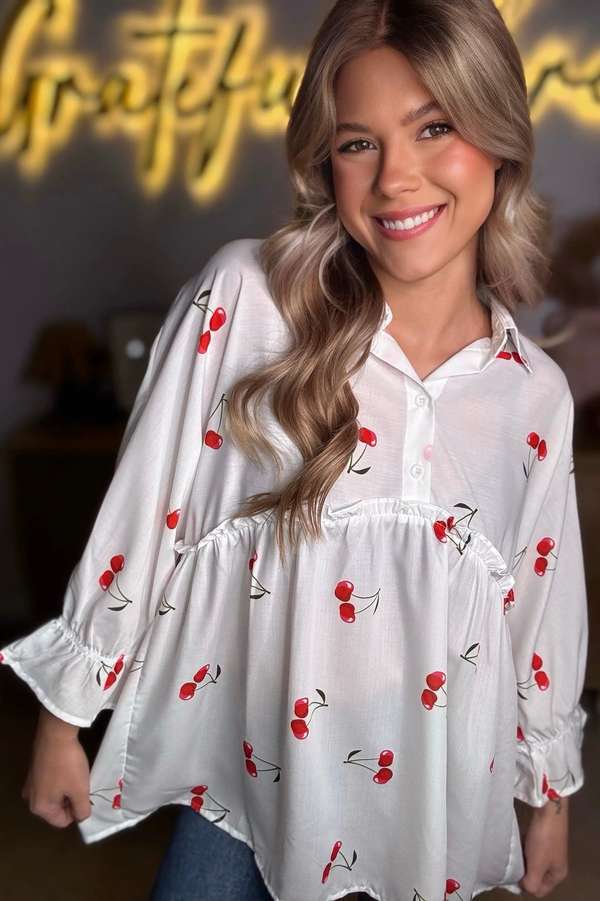 Grateful Threads Boutique White Cherry Print Flounce Sleeve Collared Frilled Babydoll Blouse - Blouses White Cherry Print Flounce Sleeve Collared Frilled Babydoll Blouse