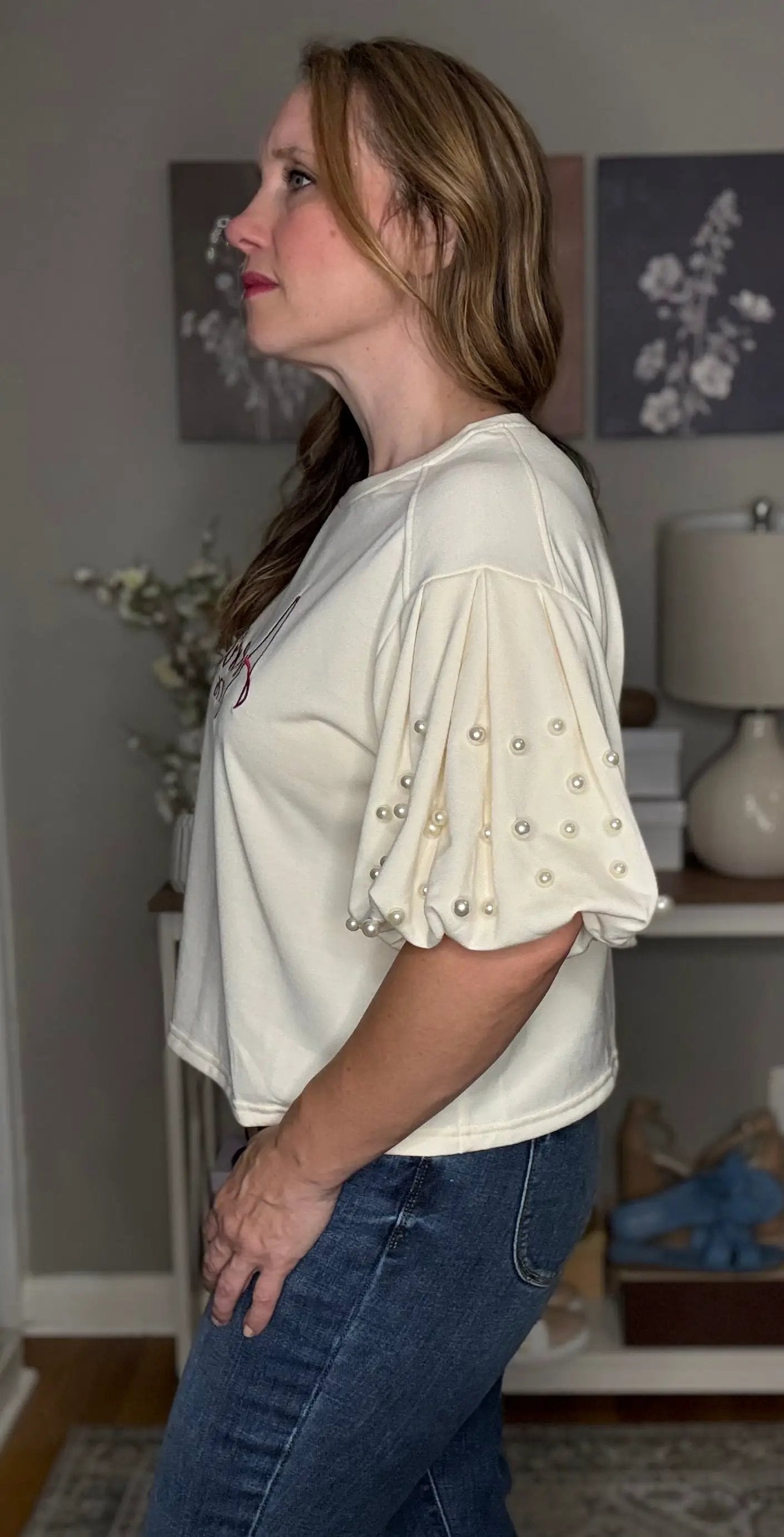 Grateful Threads Boutique America Embroidered Pearl Beaded Puff Sleeve Blouse - Blouses embroidered america pearl puff sleeve blouse