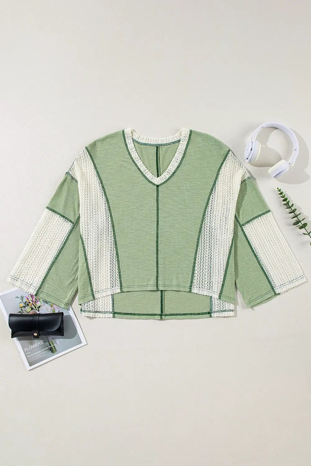 Grateful Threads Boutique Sage Meadow Crochet Boho Top - Blouses Grass Green Crochet Detail Exposed Seam High Low Loose Top