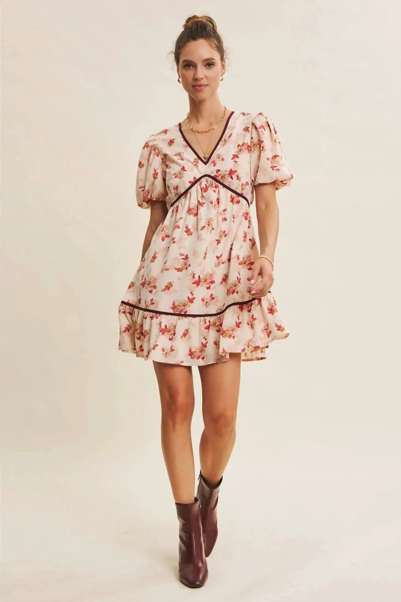 in february The Utterly Darling Cranberry Bubble Sleeved Mini Dress With Contrast Bow - Sweaters