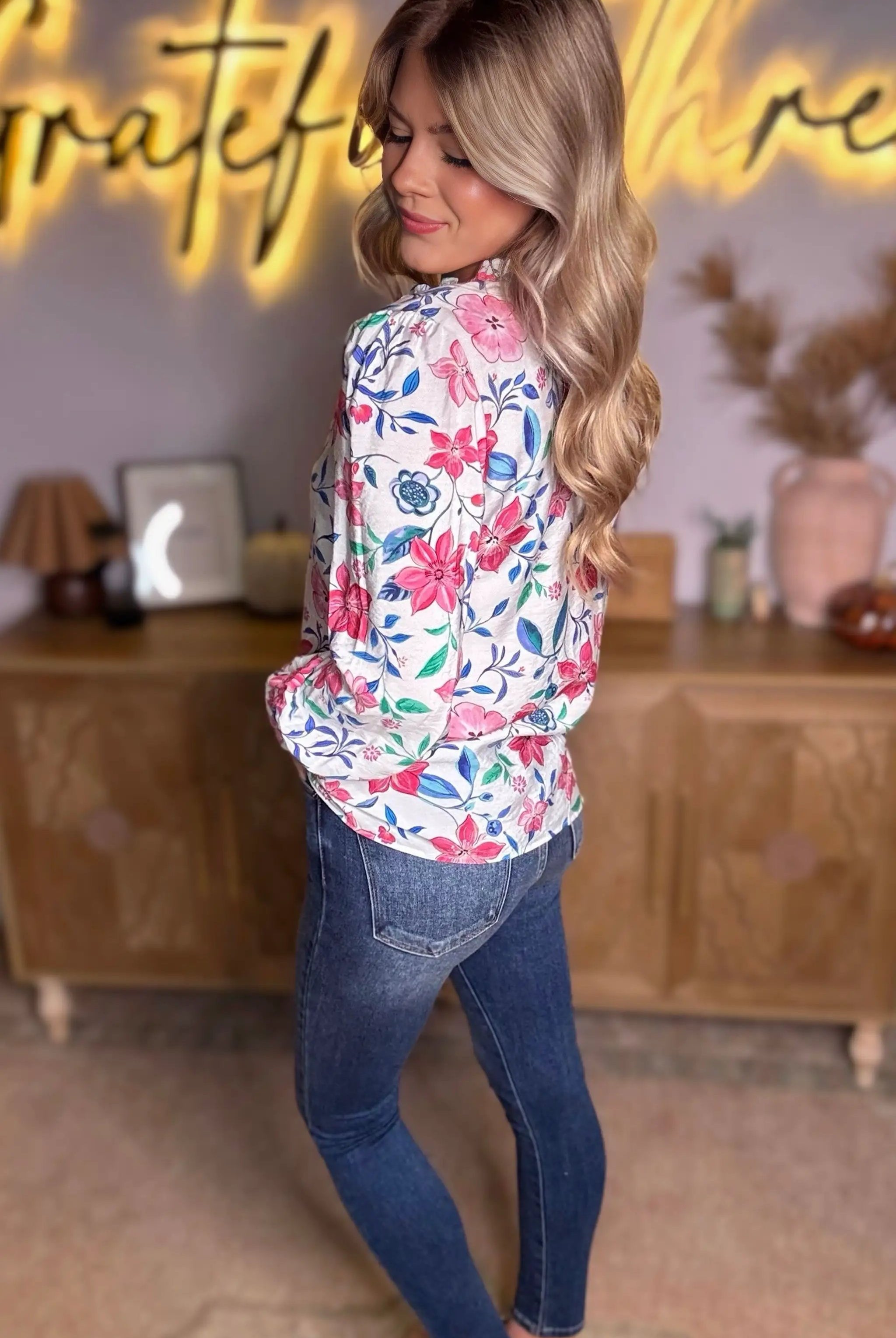 Grateful Threads Boutique Pink Floral Print Lace Detail Button-up Long Sleeve Shirt - Shirts Pink Floral Print Lace Detail Button-up Long Sleeve Shirt