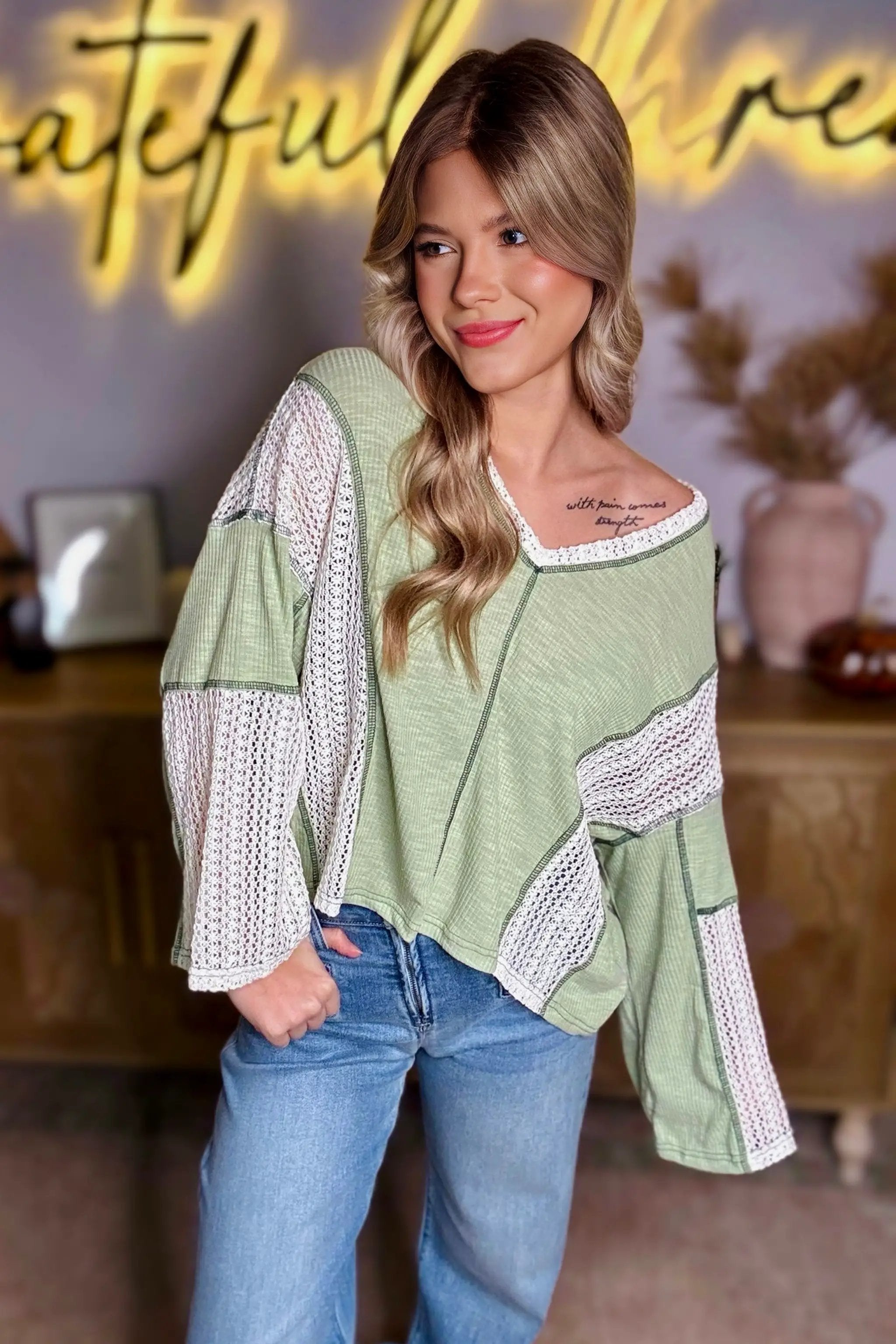 Grateful Threads Boutique Sage Meadow Crochet Boho Top - Blouses Grass Green Crochet Detail Exposed Seam High Low Loose Top