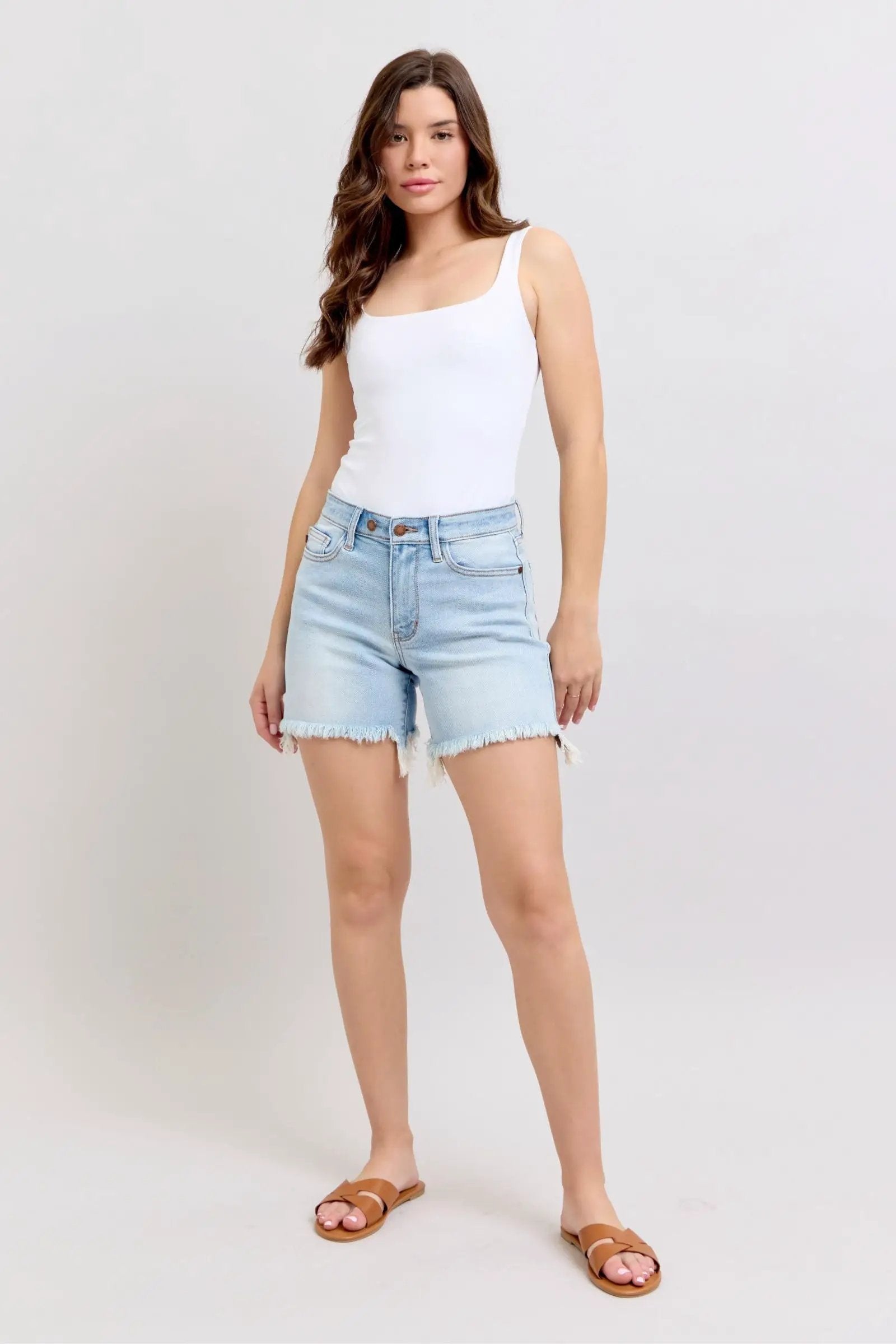 Judy Blue Judy Blue 2 Button Light Blue Denim Mid Length Dad Shorts - Shorts Judy blue dad shorts