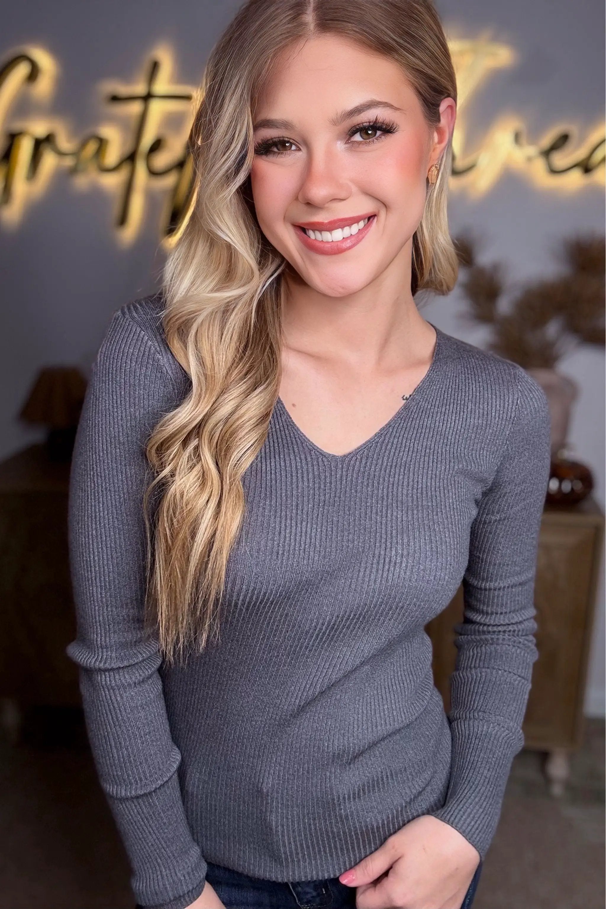 Active Basic | Active USA Chasing Charcoal Ribbed Viscose V-Neck Sweater - Sweaters