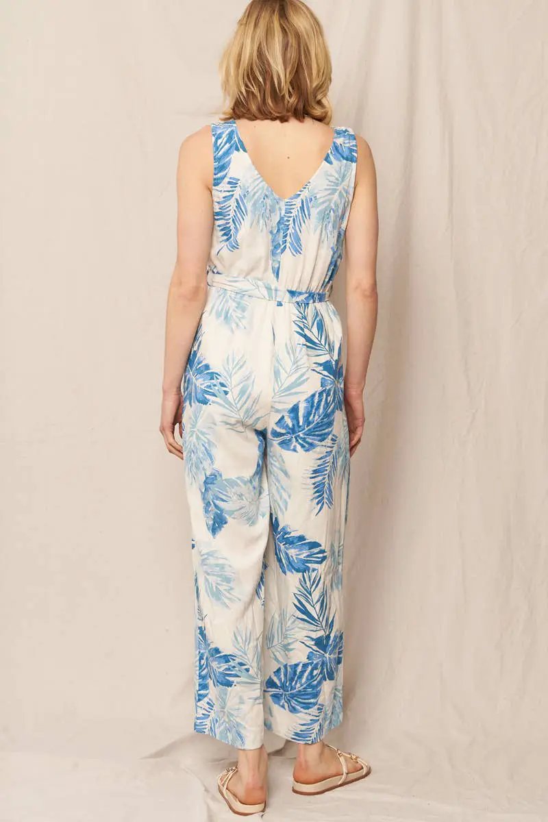 En Crème En Crème Sleeveless Tropical Print Jumpsuit with Belt - One-Pieces sleeveless tropical print jumpsuit