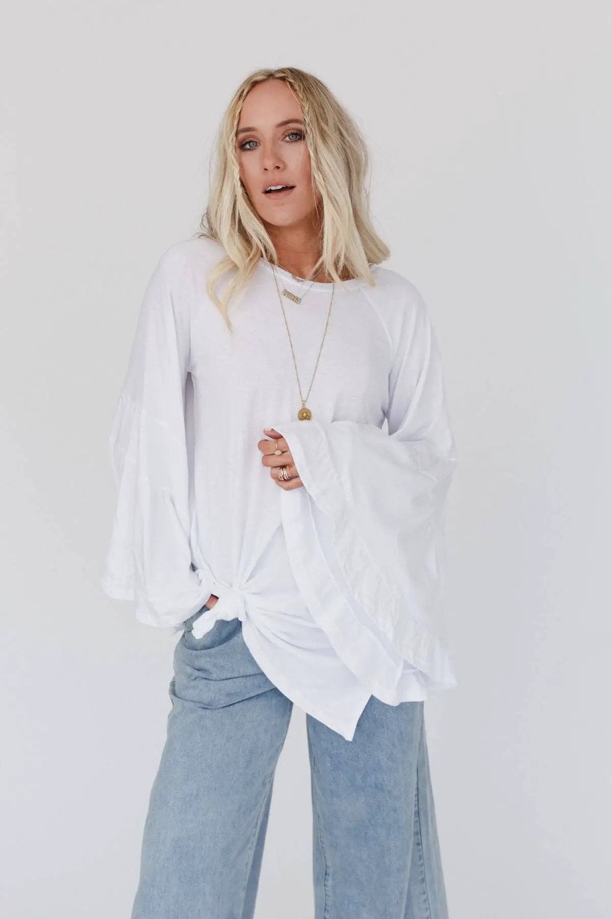 Three Bird Nest Three Bird Nest - Bell Sleeve Baseball Tee - White - Blouses tops-blouses
