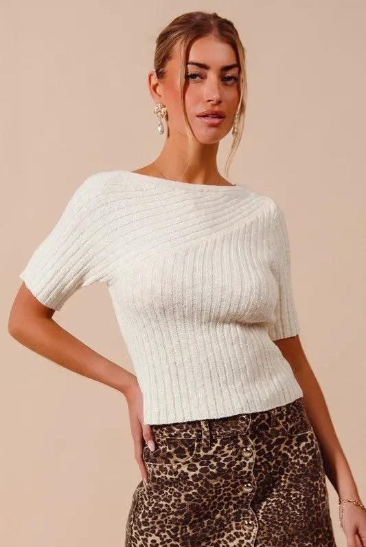 So Me Bias Knitted Boat Neck Fitted Rib Neck Ivory Sweater Top - Sweaters knitted boat neck sweater top