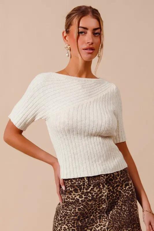 So Me Bias Knitted Boat Neck Fitted Rib Neck Ivory Sweater Top - Sweaters knitted boat neck sweater top