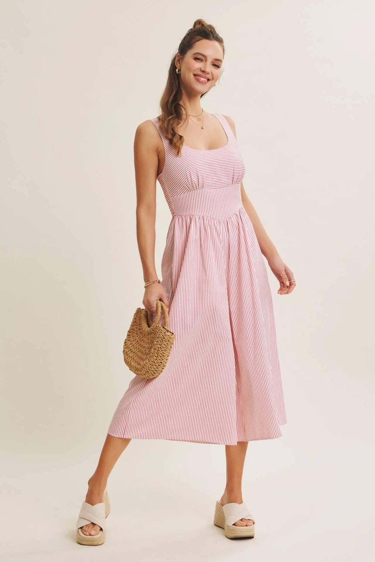 in february The Modern Ease Classic Pinstripe Wide-Leg Jumpsuit: Fuchsia - One-Pieces