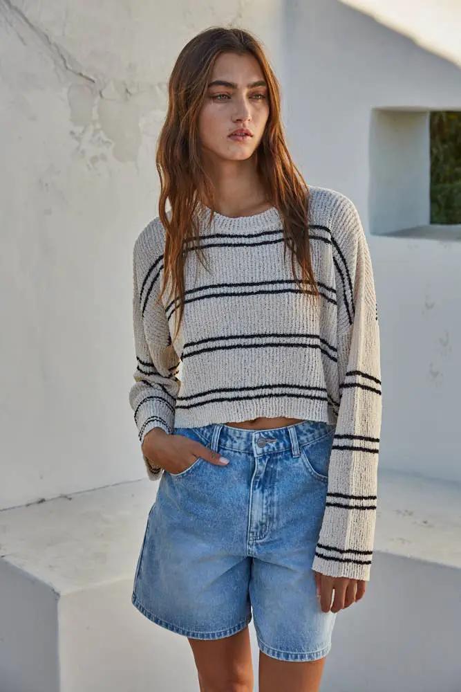 By Together Driftwood Days Striped Cropped Sweater in Cream & Black - Sweaters