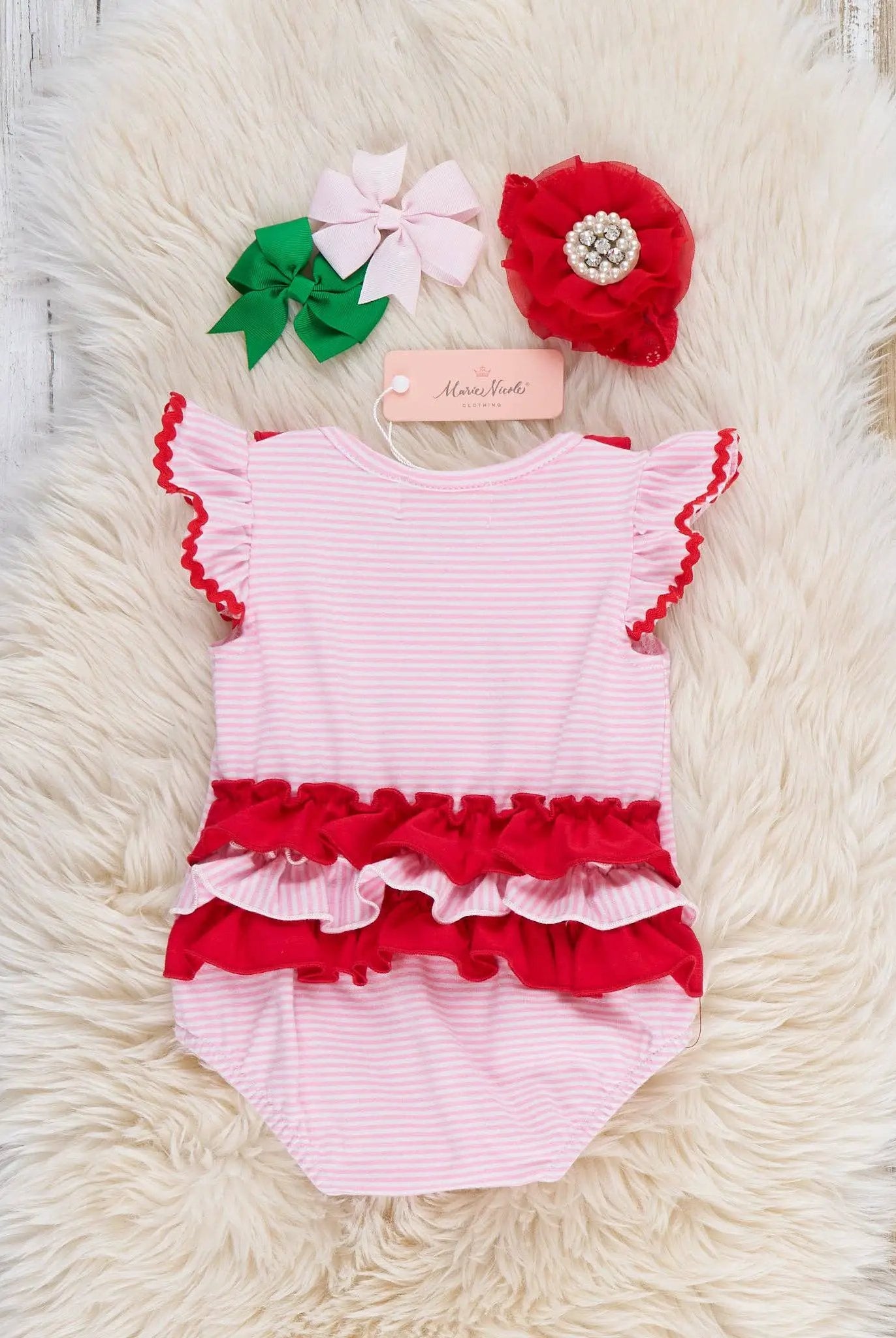 Marie Nicole Clothing Marie Nicole Clothing - Strawberry Twins Striped Embroidered Cotton Ruffle Bubble Romper - Baby One-Pieces
