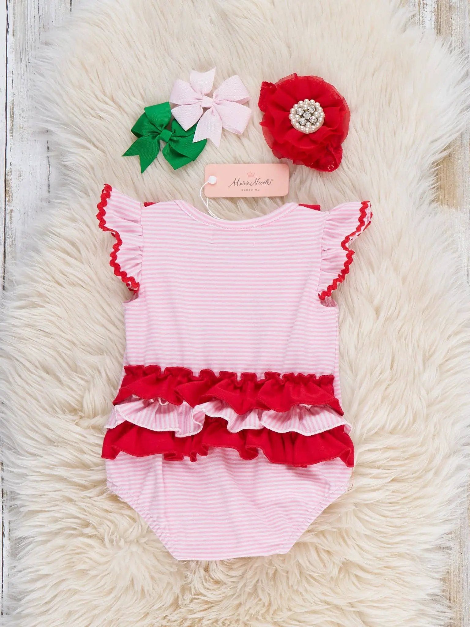 Marie Nicole Clothing Marie Nicole Clothing - Strawberry Twins Striped Embroidered Cotton Ruffle Bubble Romper - Baby One-Pieces