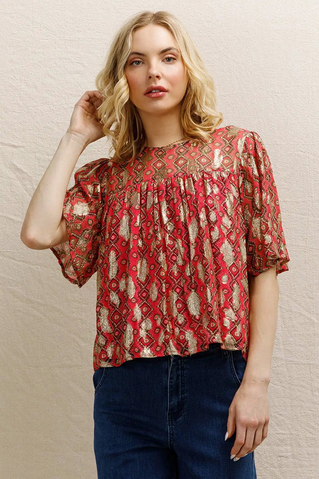 En Crème En Crème Pink Multi Short Sleeve Lurex Spotted Blouse - Blouses