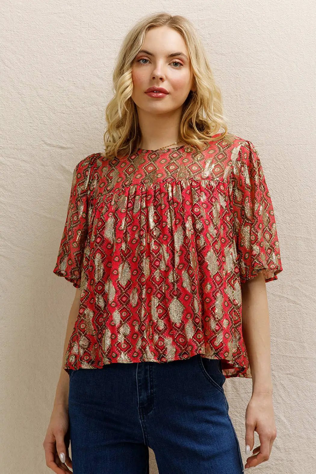 En Crème En Crème Pink Multi Short Sleeve Lurex Spotted Blouse - Blouses