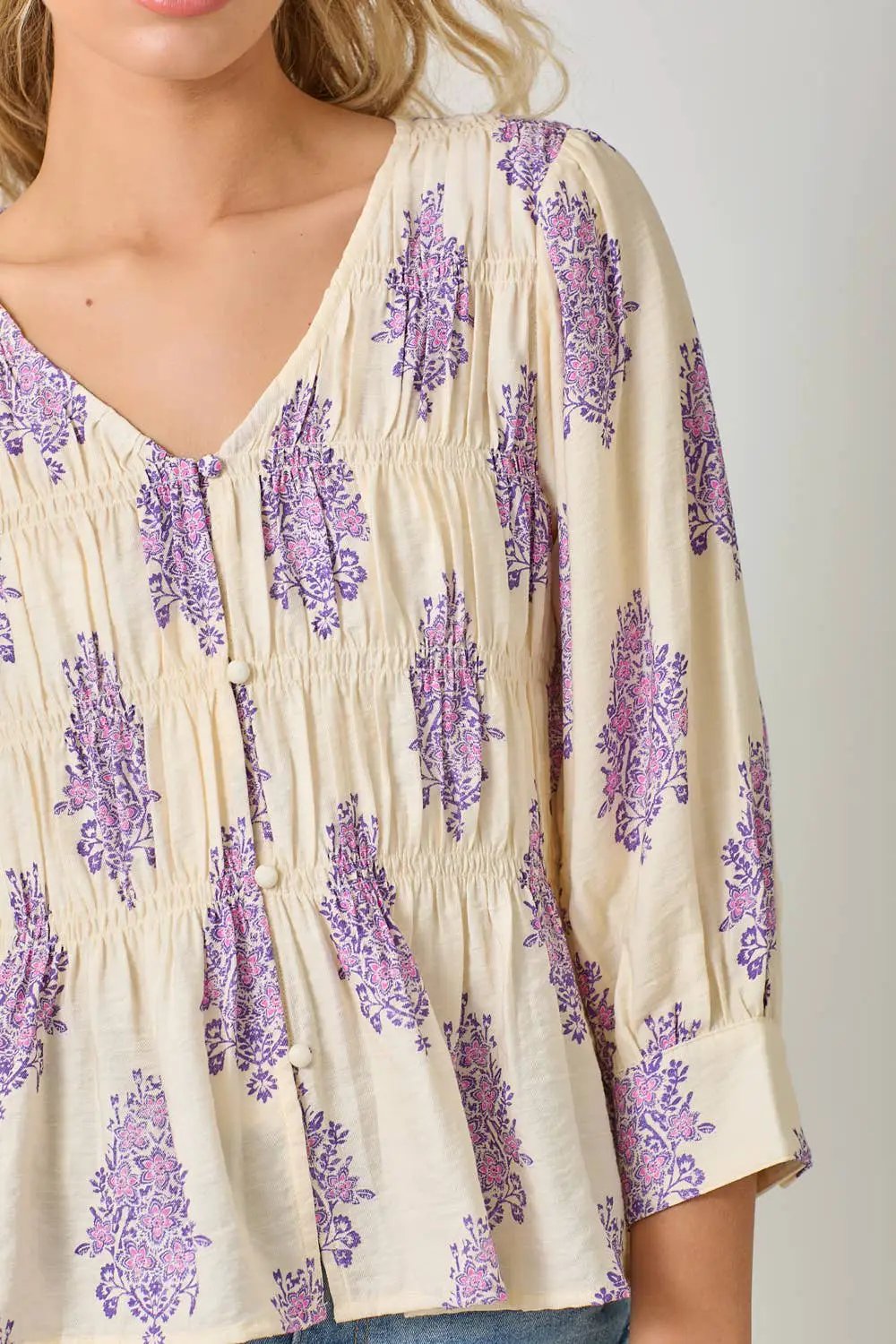 Mystree The Lavender Fields Puff Sleeve Smocked Blouse - Blouses