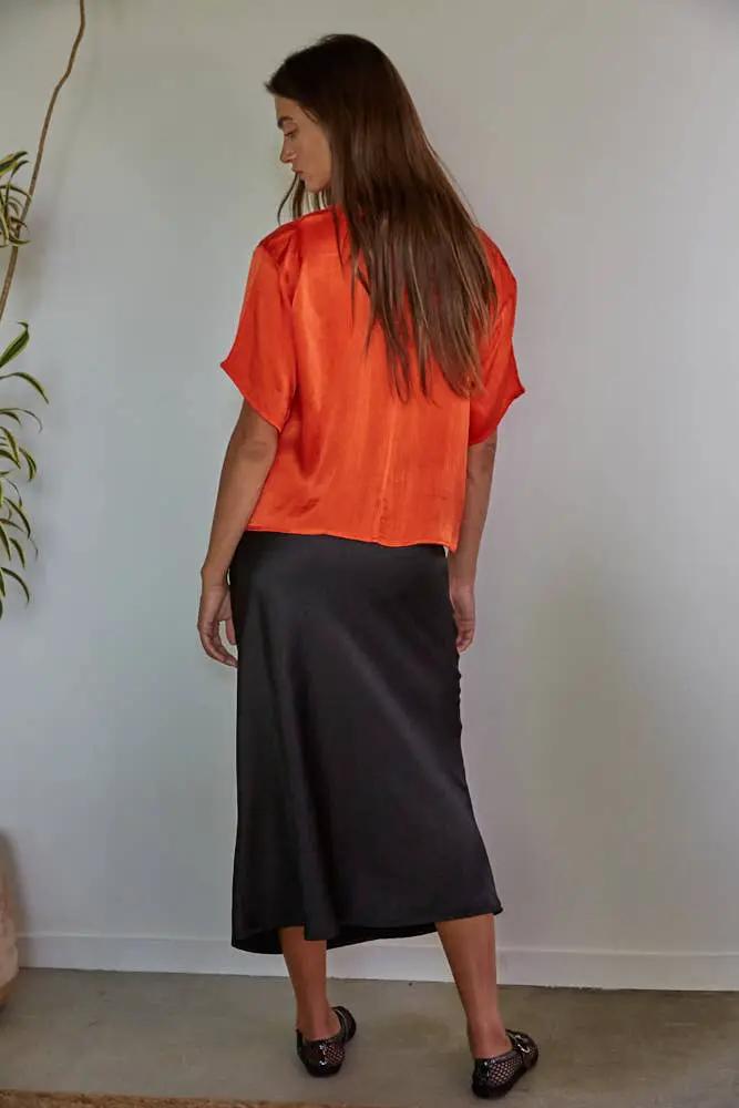 By Together Woven Cupro Viscose Rayon Short Sleeve Top in Red Orange - Blouses