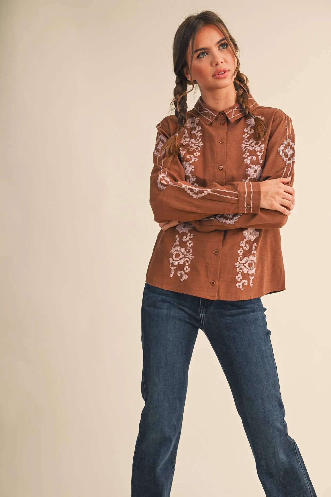&MERCI &merci - Embroidered Button-Up Top in Mocha Brown - Blouses