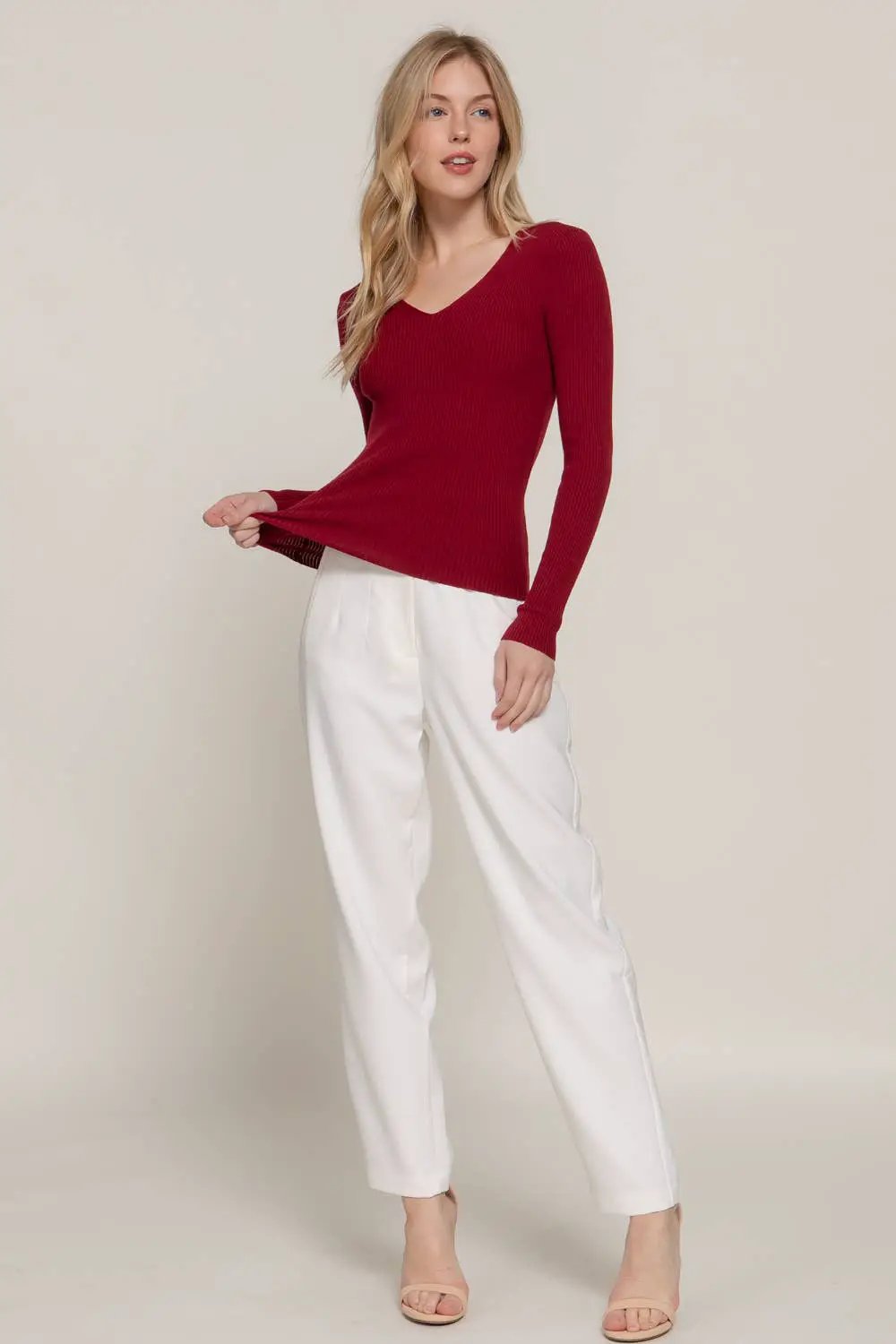 Active Basic | Active USA Crimson Crush Ribbed Viscose V-Neck Sweater - Sweaters