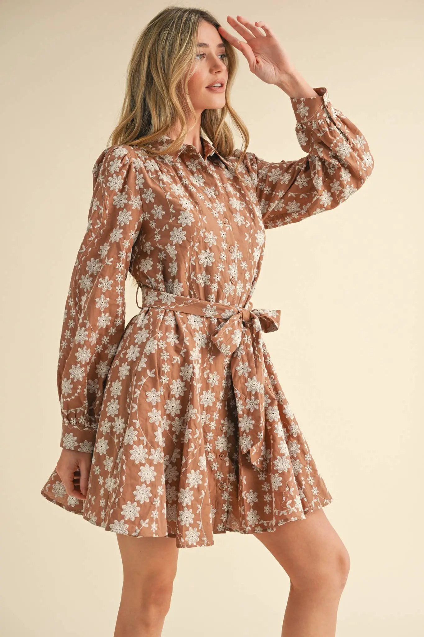 &MERCI &merci - Intricate Floral Embroidery Button Down Flared Mini Dress in Dark Amber - Dresses