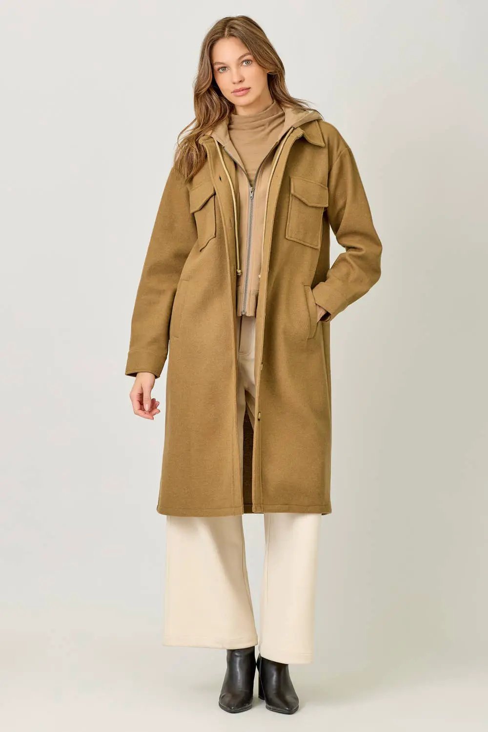 Mystree Mystree - Warm Sand Twofer Hoodie Long Coat - Overcoats