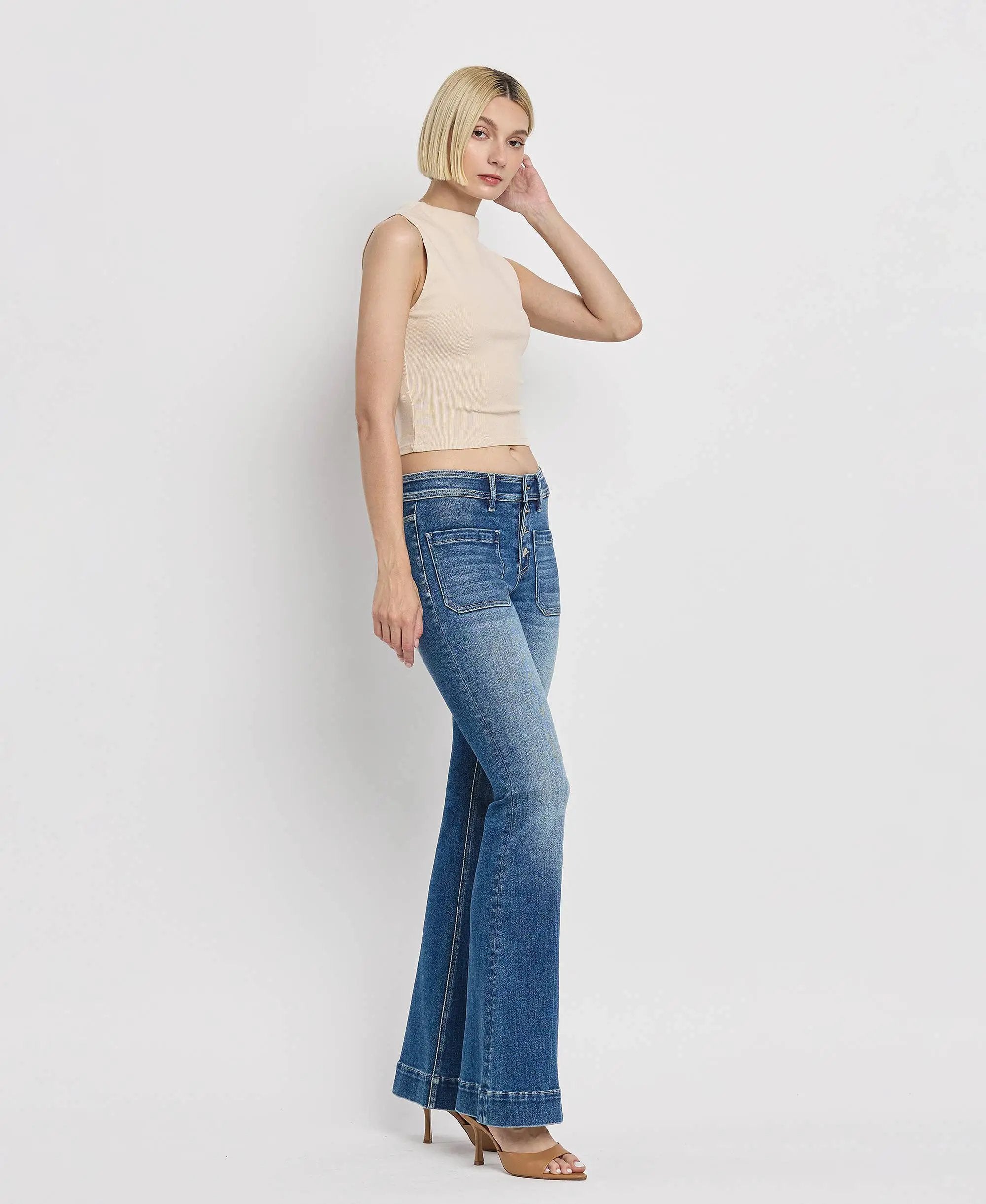 VERVET by FLYING MONKEY Mid Rise Trouser Hem Flare Jeans - Jeans